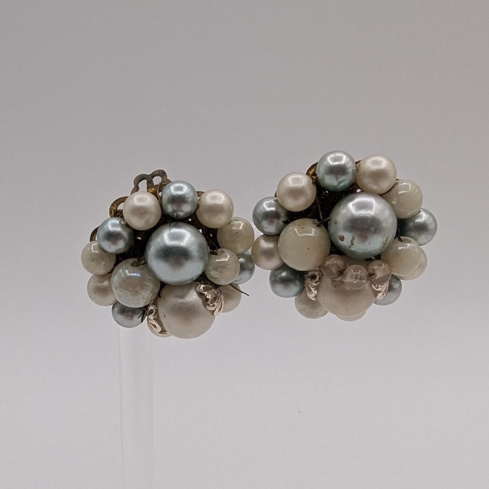 Vintage Japan Faux Pearl Cluster Clip On Earrings Blue Cream Gold Tone Filigree